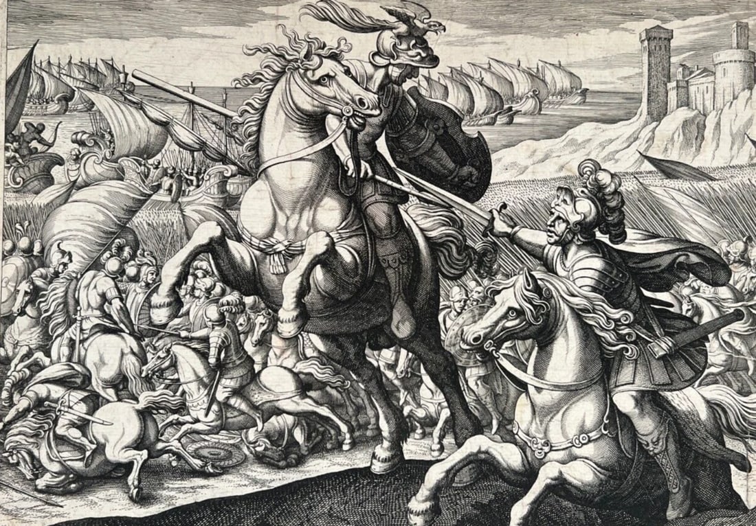 Antique Etching Original Horse, Battle, People, Landscape, War, Castle