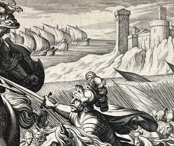 Antique Etching Original Horse, Battle, People, Landscape, War, Castle - 6