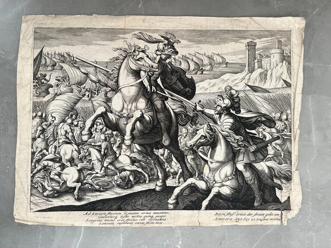 Antique Etching Original Horse, Battle, People, Landscape, War, Castle - 8