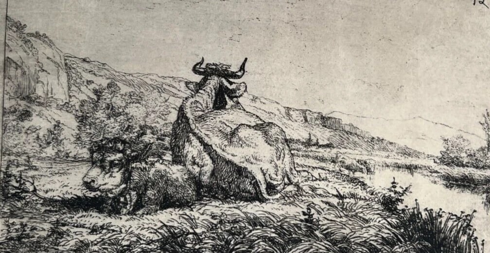 Louis GUY (1824-1888) Landscape, Cows 1875 Etching Original