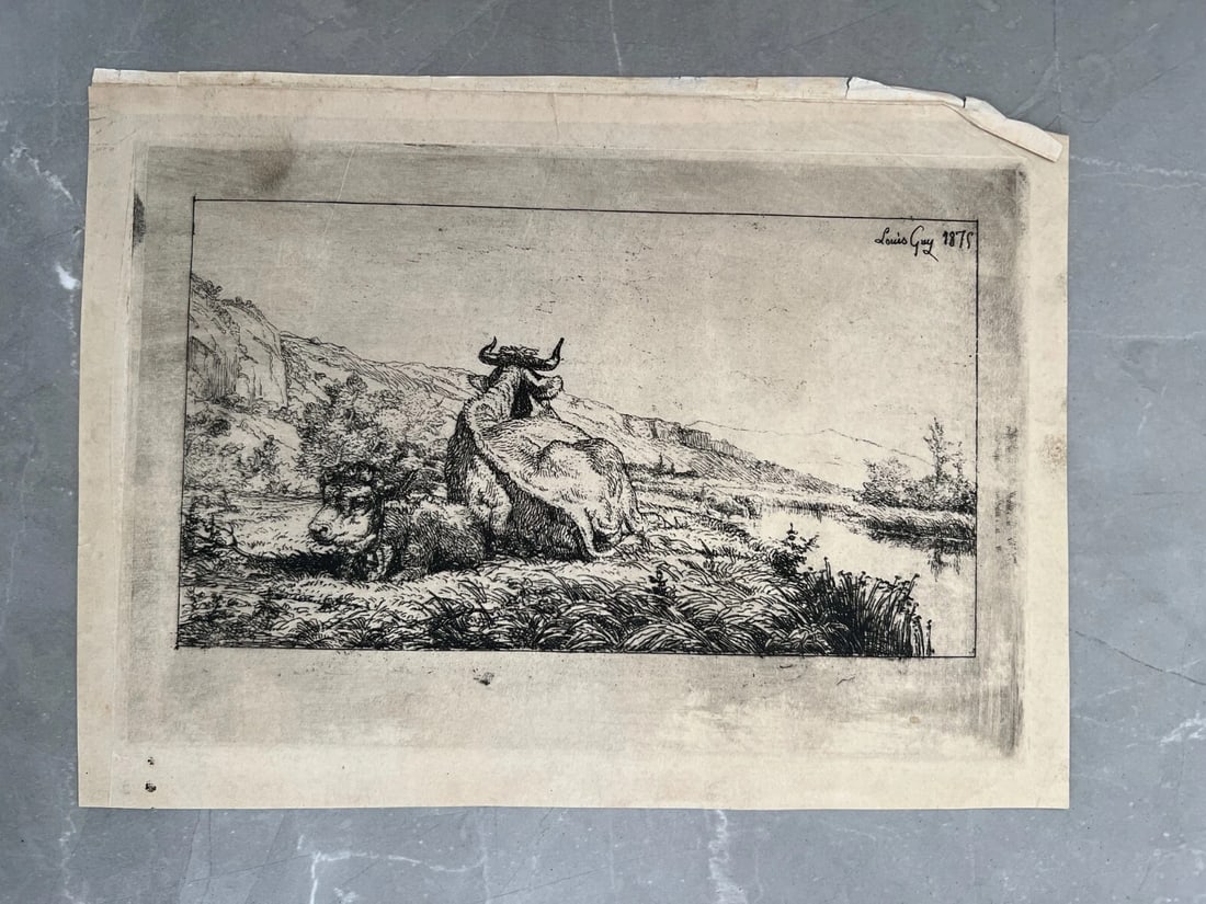 Louis GUY (1824-1888) Landscape, Cows 1875 Etching Original - 3