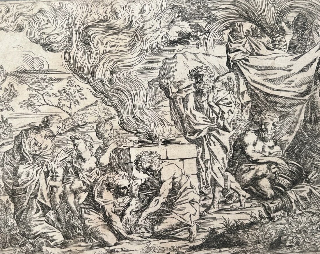 Antique Etching Original Religious, Bible, Fire, People, Moise - 2