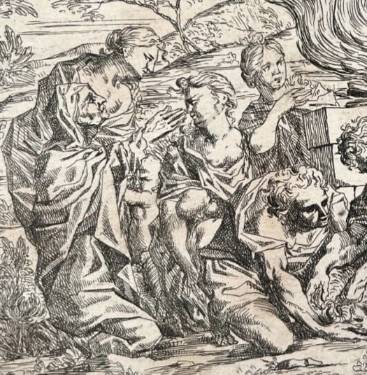 Antique Etching Original Religious, Bible, Fire, People, Moise - 4