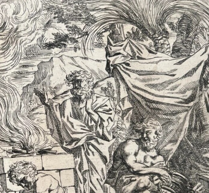 Antique Etching Original Religious, Bible, Fire, People, Moise - 6