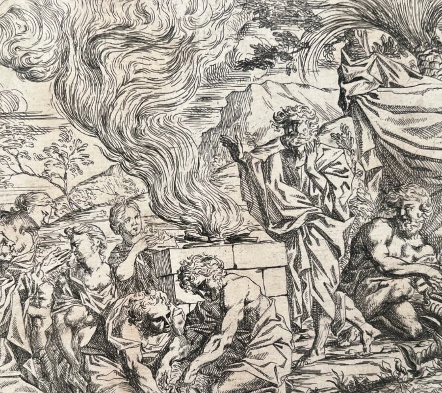 Antique Etching Original Religious, Bible, Fire, People, Moise - 7