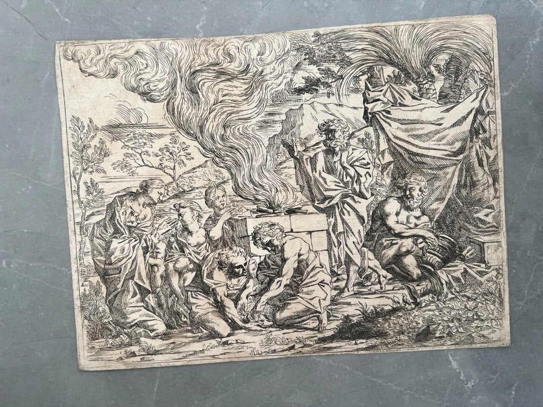 Antique Etching Original Religious, Bible, Fire, People, Moise - 8