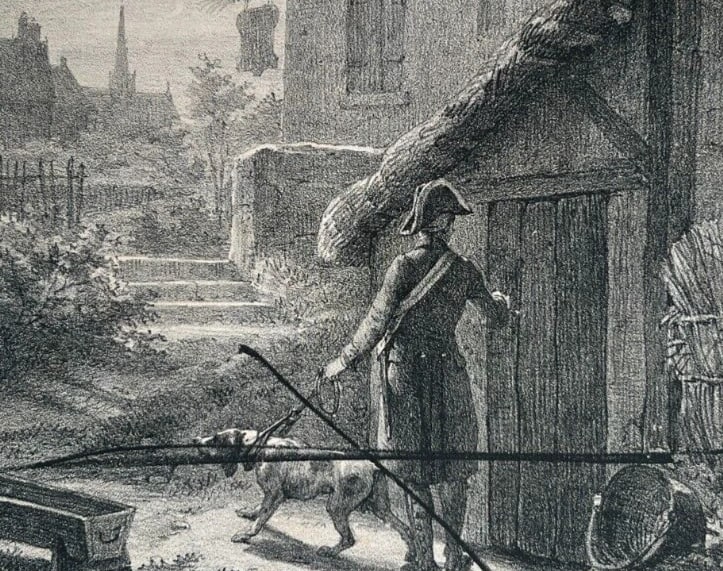 Antique Etching Original Man, Military, Dog, Landscape, House, Epreuve Refused - 2