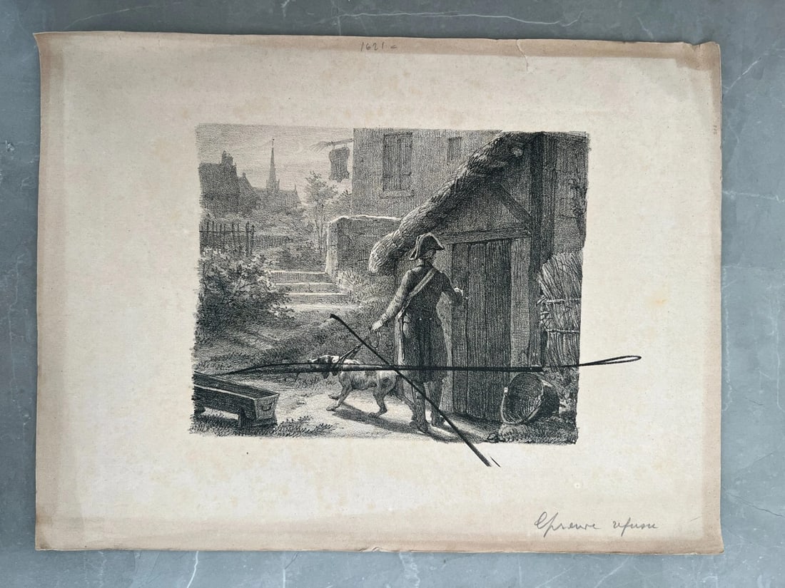 Antique Etching Original Man, Military, Dog, Landscape, House, Epreuve Refused - 3