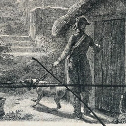 Antique Etching Original Man, Military, Dog, Landscape, House, Epreuve Refused - 4