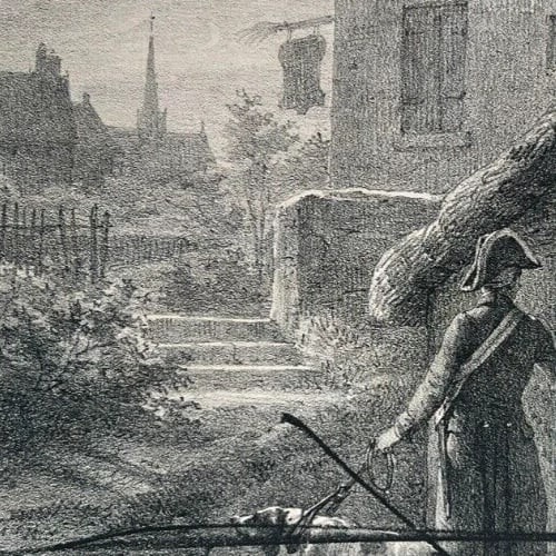 Antique Etching Original Man, Military, Dog, Landscape, House, Epreuve Refused - 5
