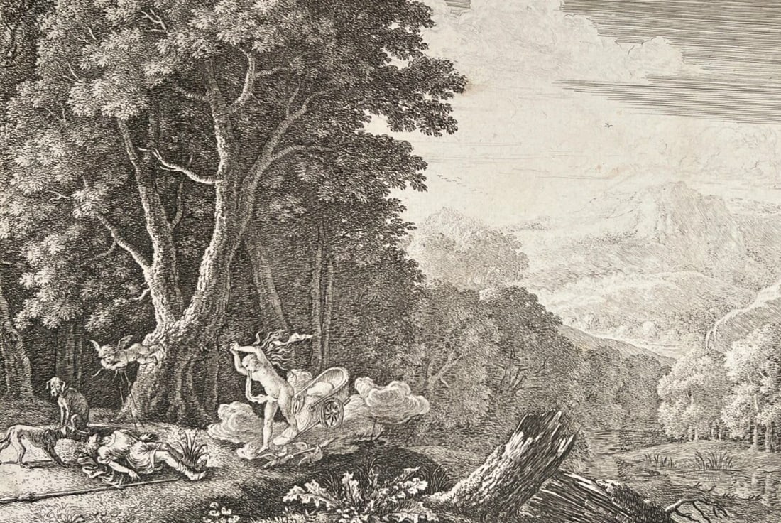 Antique Etching Original Herman Van Swanevelt, Mythology, Venus, Landscape: Title: Antique Etching Original Herman Van Swanevelt, Mythology, Venus, Landscape Description: Engraving on paper 23 x 33 cm stains, laminated on paper Reserve: $150.00 Shipping: Domestic: Flat-r