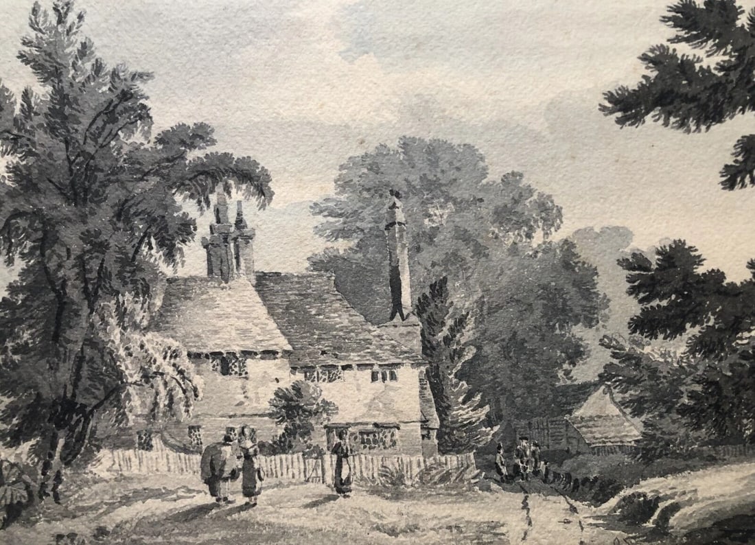 Antique Drawing Original Landscape, Trees, House, People, Forest 19th century - 2