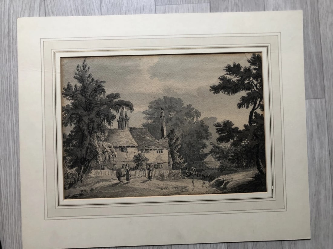 Antique Drawing Original Landscape, Trees, House, People, Forest 19th century - 3