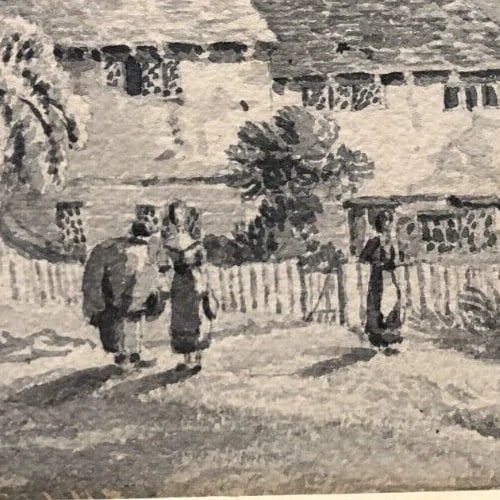 Antique Drawing Original Landscape, Trees, House, People, Forest 19th century - 4