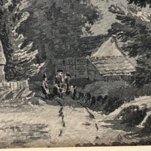 Antique Drawing Original Landscape, Trees, House, People, Forest 19th century - 5
