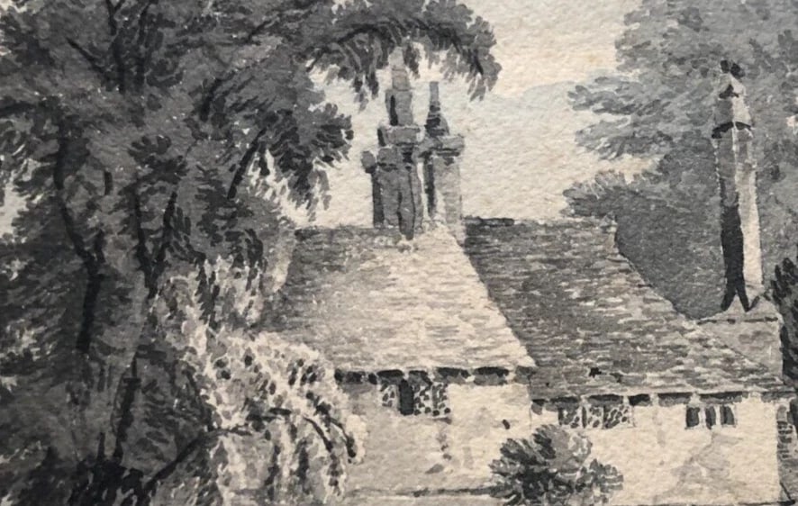 Antique Drawing Original Landscape, Trees, House, People, Forest 19th century - 6