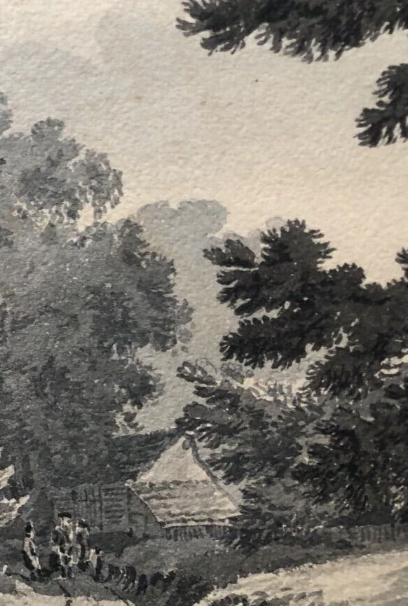 Antique Drawing Original Landscape, Trees, House, People, Forest 19th century - 7