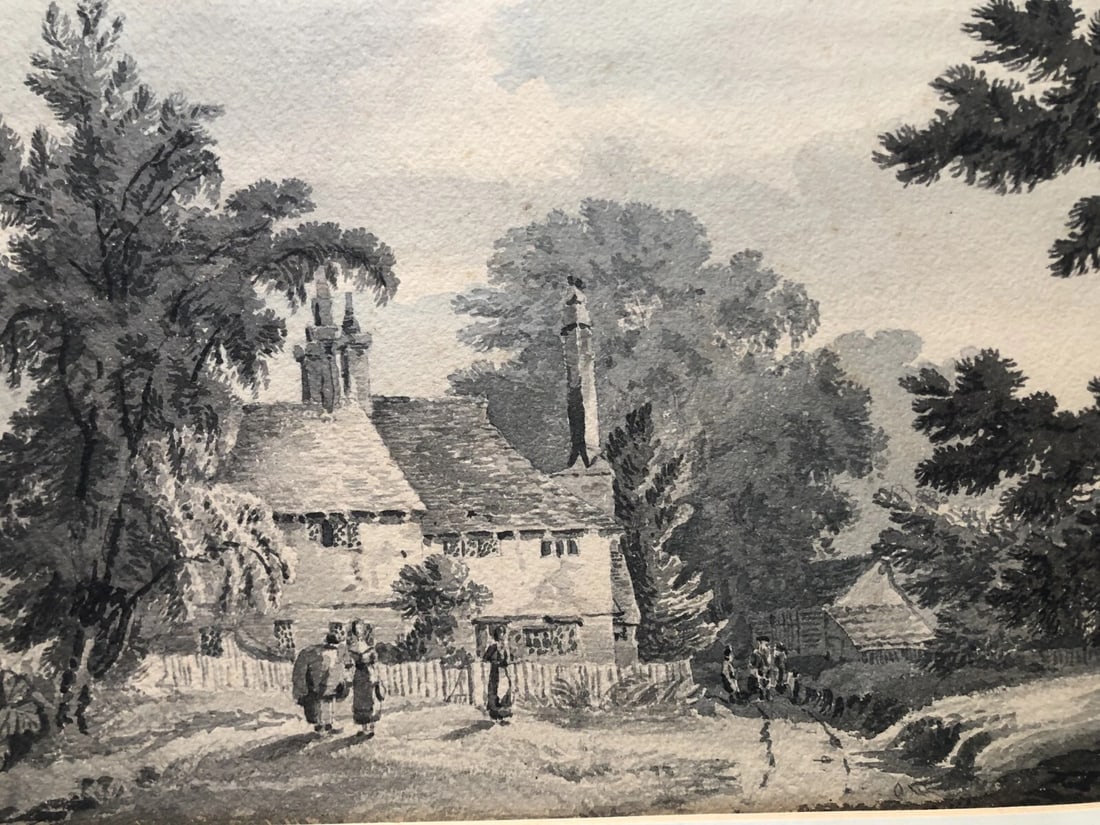 Antique Drawing Original Landscape, Trees, House, People, Forest 19th century - 8