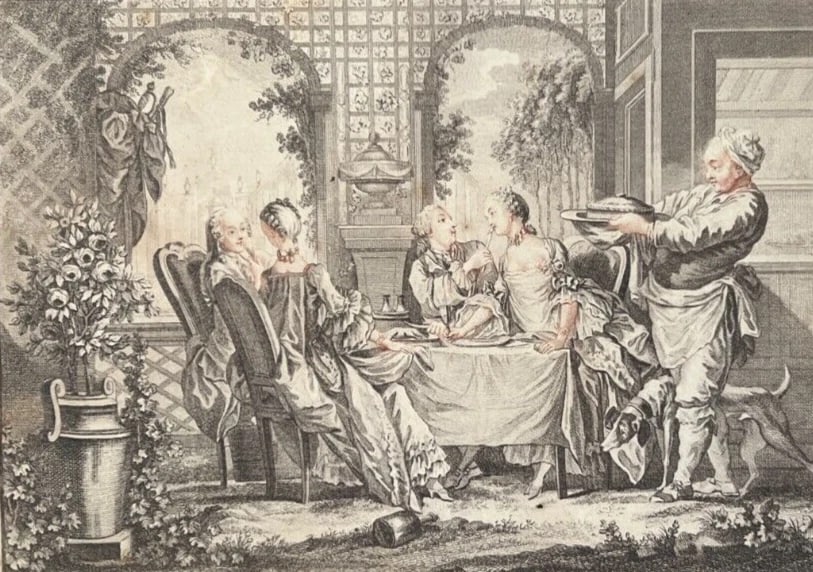 Midy People Family Dinner Genre Scene Antique Etching Original - 2