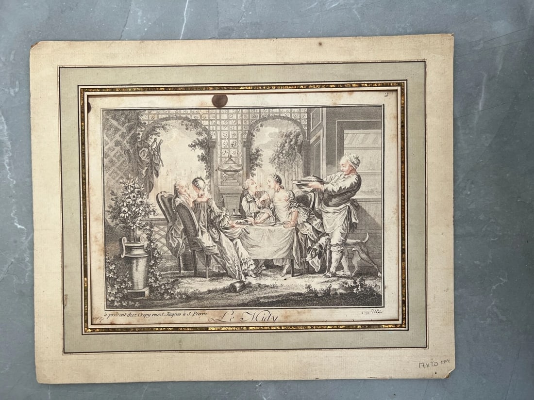 Midy People Family Dinner Genre Scene Antique Etching Original - 3