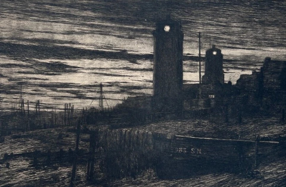 John Anthony PARK 1880-1962 Cityview London Boats Antique Etching Original - 2