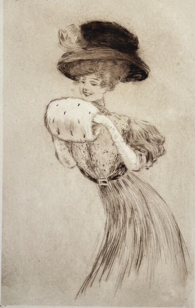 Antique Etching Original Woman, Portrait, Hat, Elegant - 2