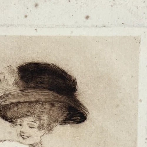 Antique Etching Original Woman, Portrait, Hat, Elegant - 4