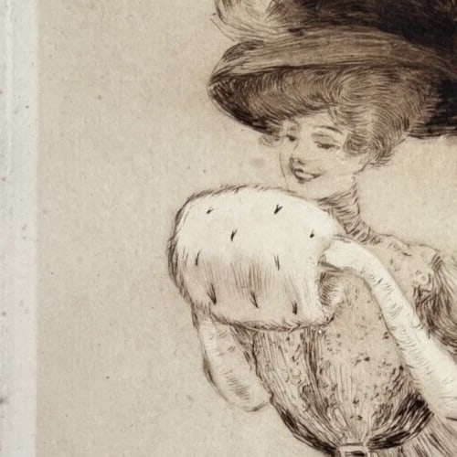 Antique Etching Original Woman, Portrait, Hat, Elegant - 5