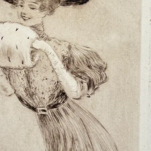 Antique Etching Original Woman, Portrait, Hat, Elegant - 6