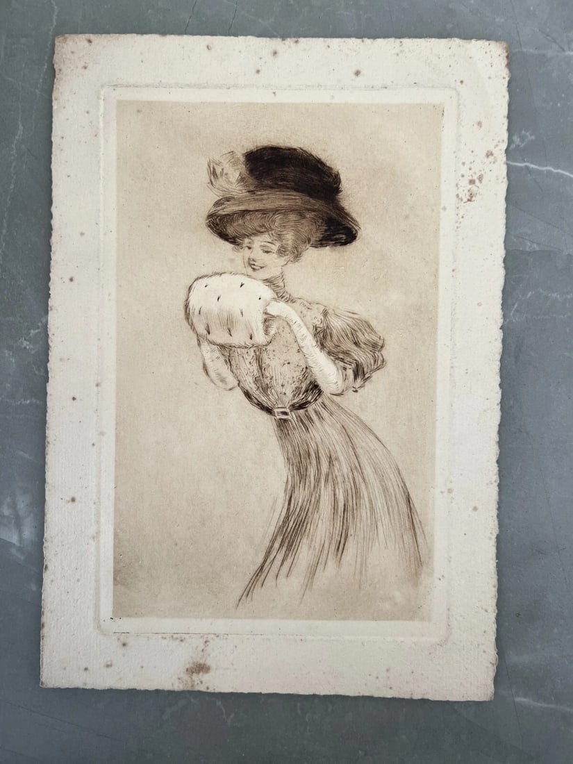 Antique Etching Original Woman, Portrait, Hat, Elegant - 8
