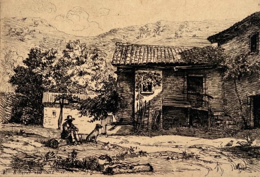 Antique Etching Original Landscape, House, People, Forest, Mountain signed - 2
