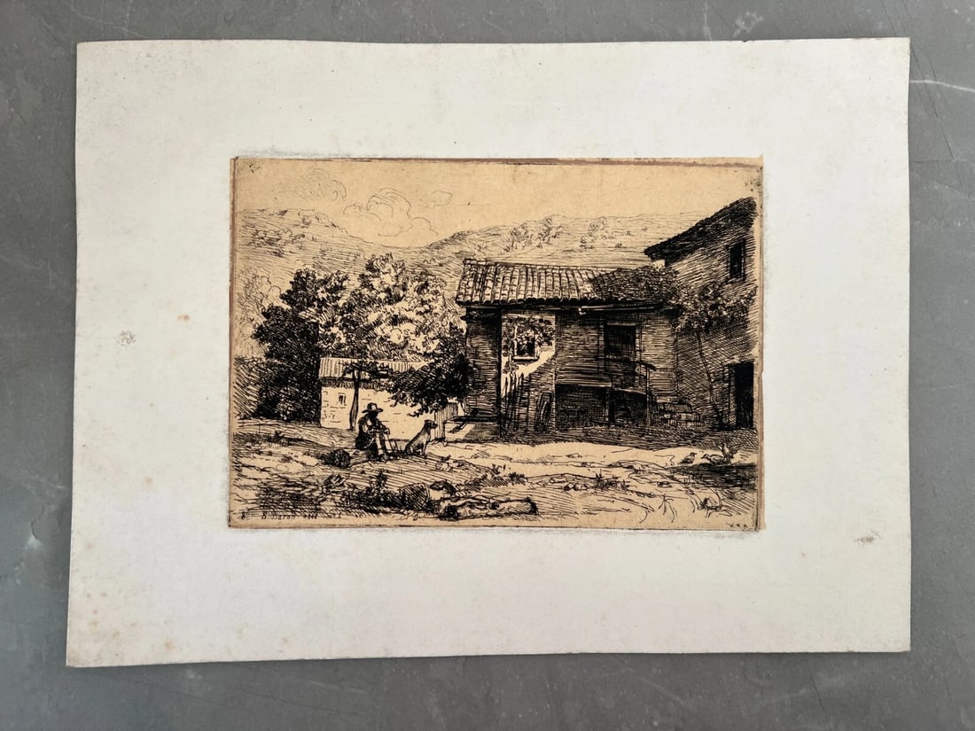Antique Etching Original Landscape, House, People, Forest, Mountain signed - 3