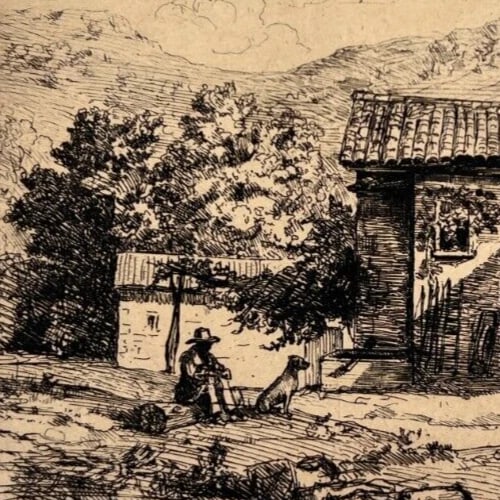 Antique Etching Original Landscape, House, People, Forest, Mountain signed - 4