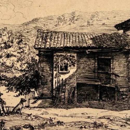 Antique Etching Original Landscape, House, People, Forest, Mountain signed - 5