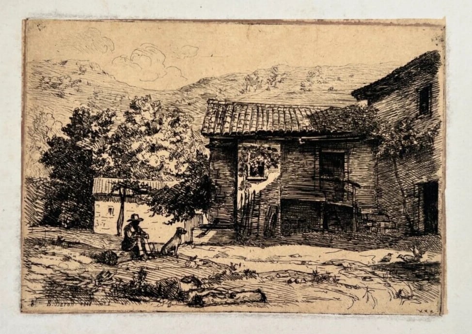 Antique Etching Original Landscape, House, People, Forest, Mountain signed - 6