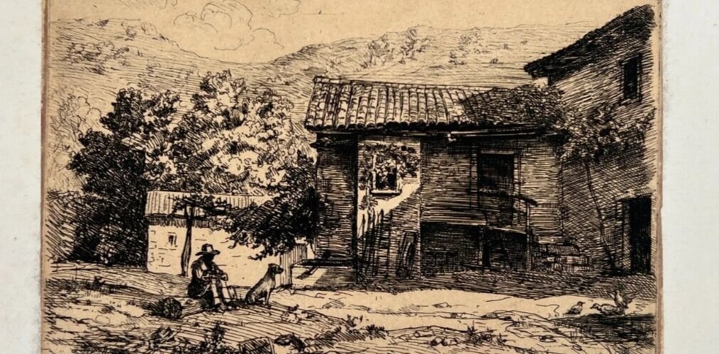 Antique Etching Original Landscape, House, People, Forest, Mountain signed - 7