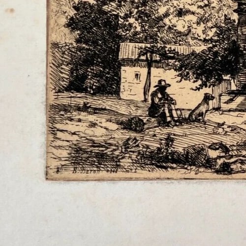 Antique Etching Original Landscape, House, People, Forest, Mountain signed - 8
