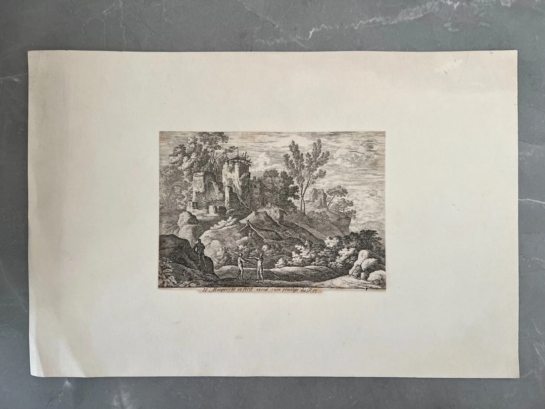 Henri MAUPERCHÉ (1602-1686) Antique Etching Original Landscape, People, Ruins - 8
