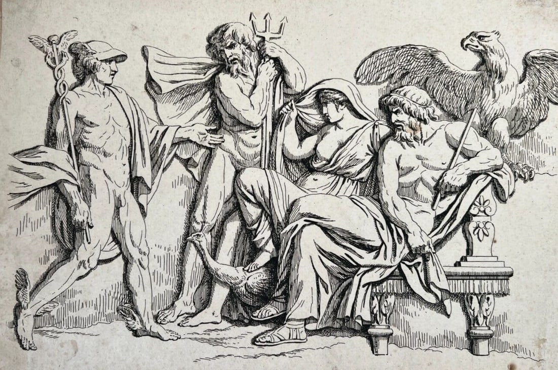 Antique Etching Original Mythology, People, Poseidon, Hermes, Prometheus: Title: Antique Etching Original Mythology, People, Poseidon, Hermes, Prometheus Description: Engraving on paper 18 x 26 cm laminated to paper, stains Reserve: $150.00 Shipping: Domestic: Flat-rat