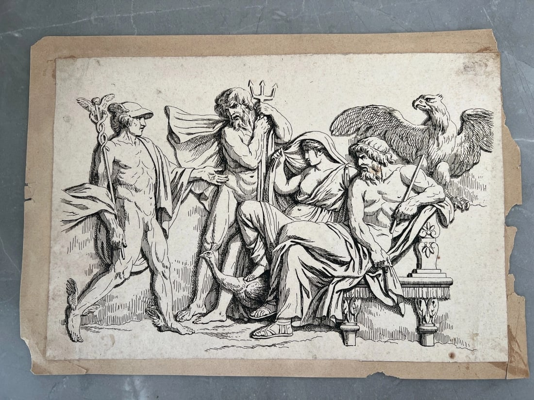 Antique Etching Original Mythology, People, Poseidon, Hermes, Prometheus - 3