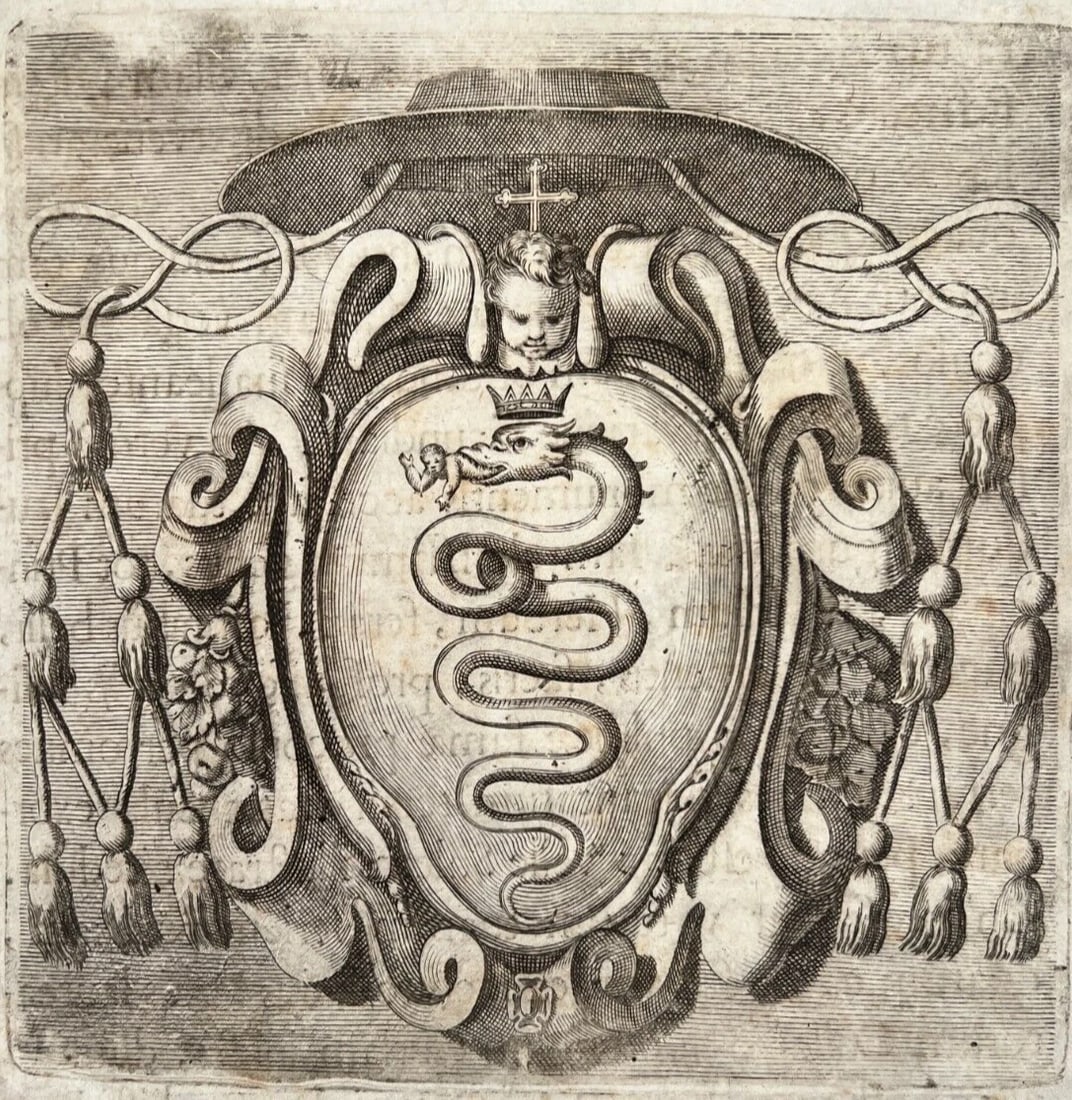 Antique Etching Original Coat of Arms, Dragon, Angel, Christ