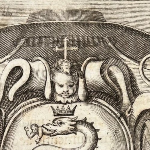 Antique Etching Original Coat of Arms, Dragon, Angel, Christ - 4