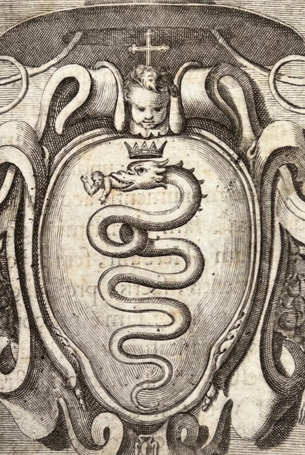 Antique Etching Original Coat of Arms, Dragon, Angel, Christ - 5