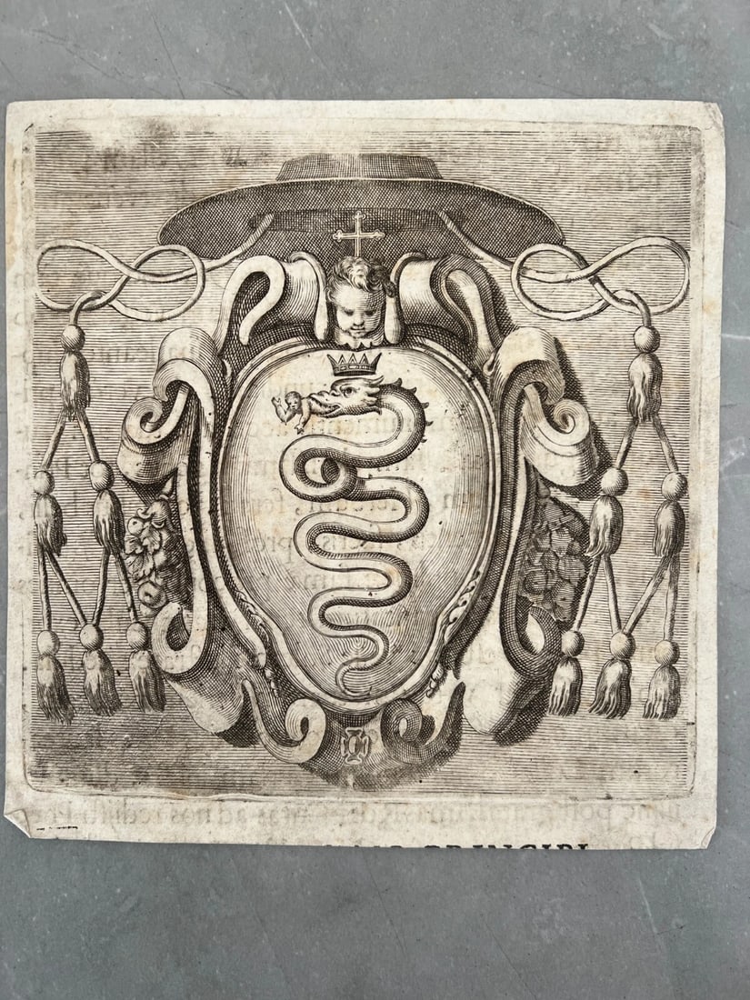 Antique Etching Original Coat of Arms, Dragon, Angel, Christ - 8