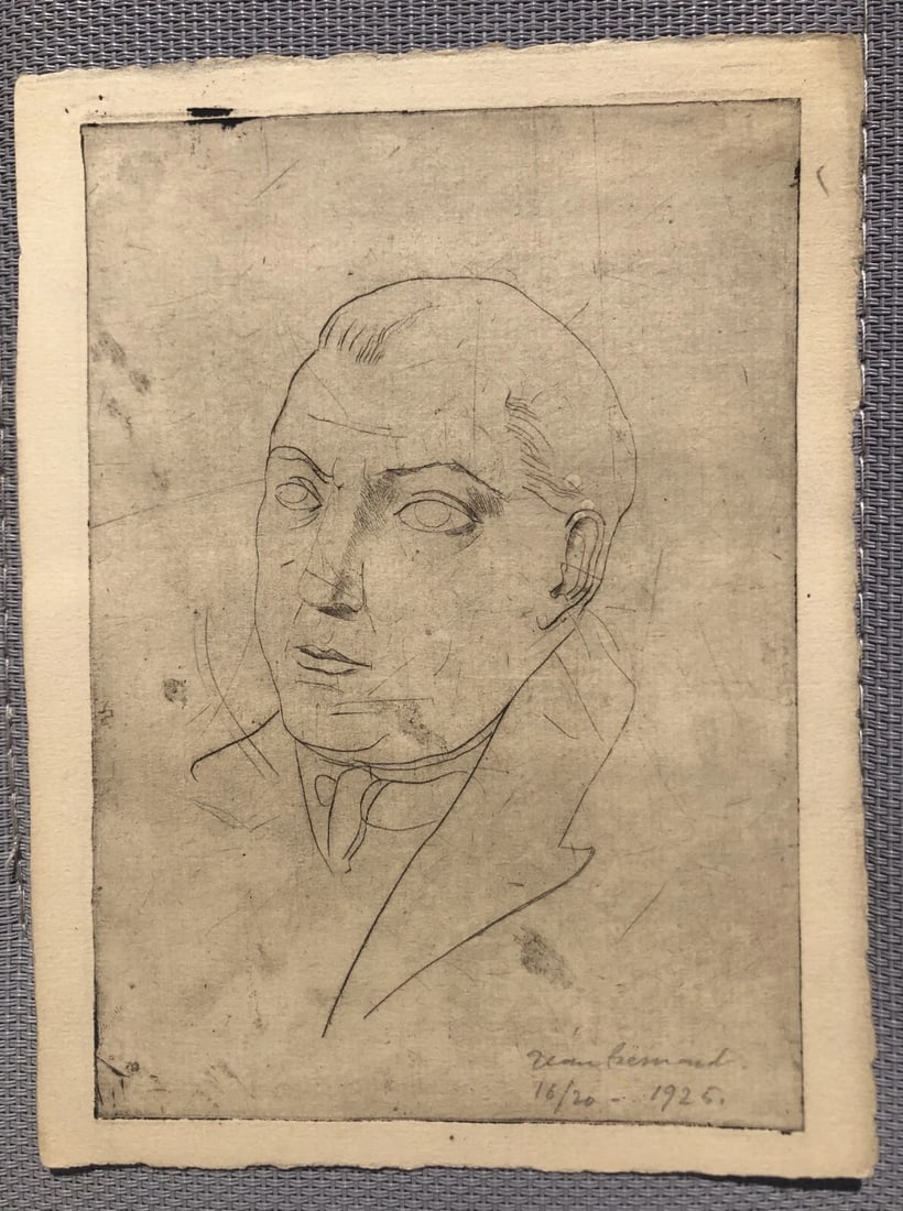1926 Man, Portrait, Jean Bernard Etching Antique Original 16/20 - 8