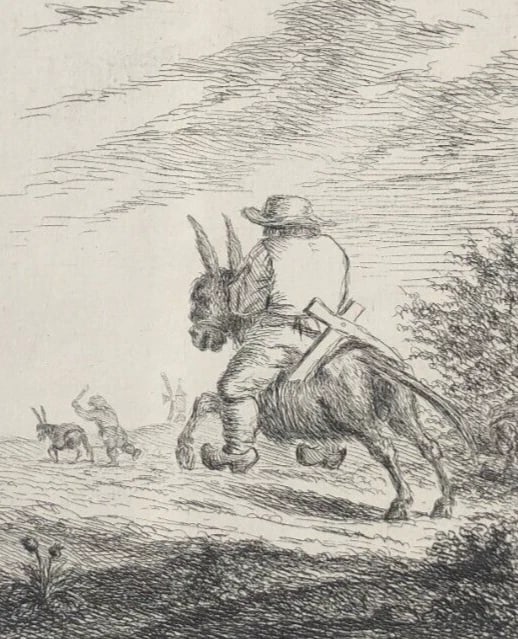 Man, Horse, Donkey , Hunting, Landscape - Etching Antique Original - 2