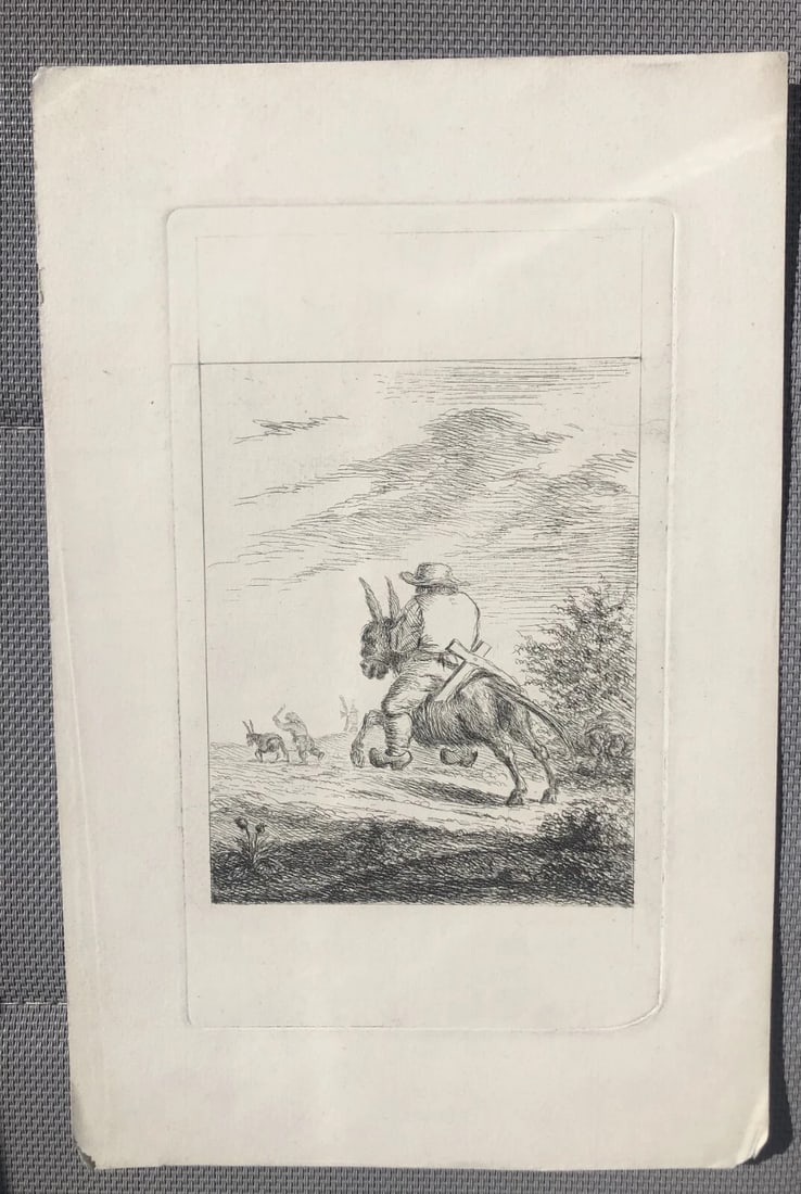 Man, Horse, Donkey , Hunting, Landscape - Etching Antique Original - 3
