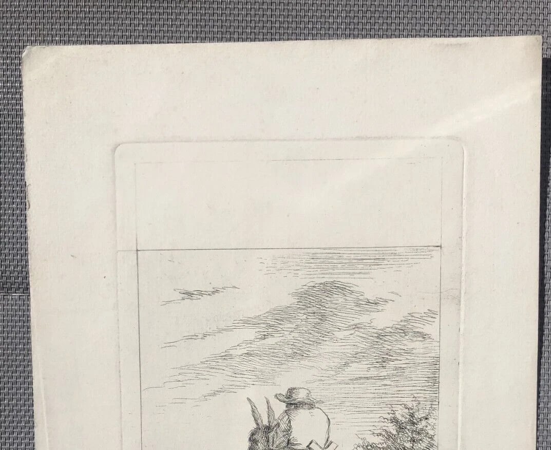 Man, Horse, Donkey , Hunting, Landscape - Etching Antique Original - 4