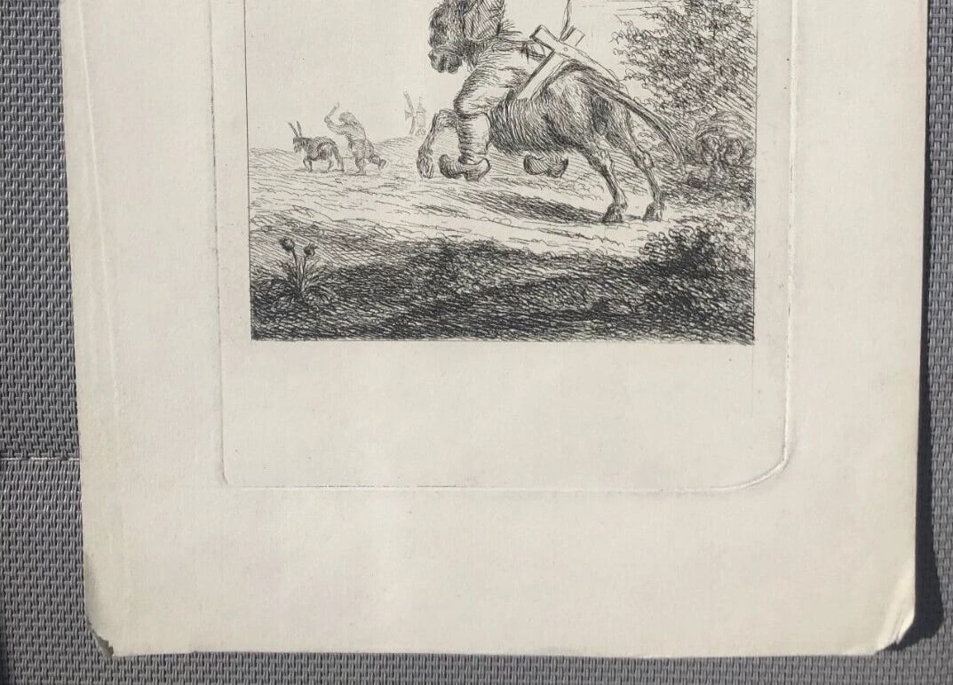 Man, Horse, Donkey , Hunting, Landscape - Etching Antique Original - 5