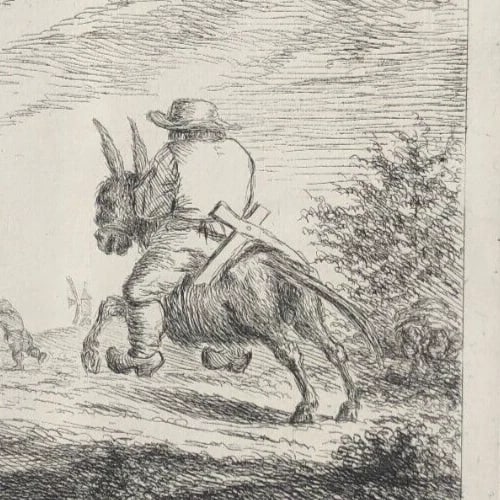 Man, Horse, Donkey , Hunting, Landscape - Etching Antique Original - 6
